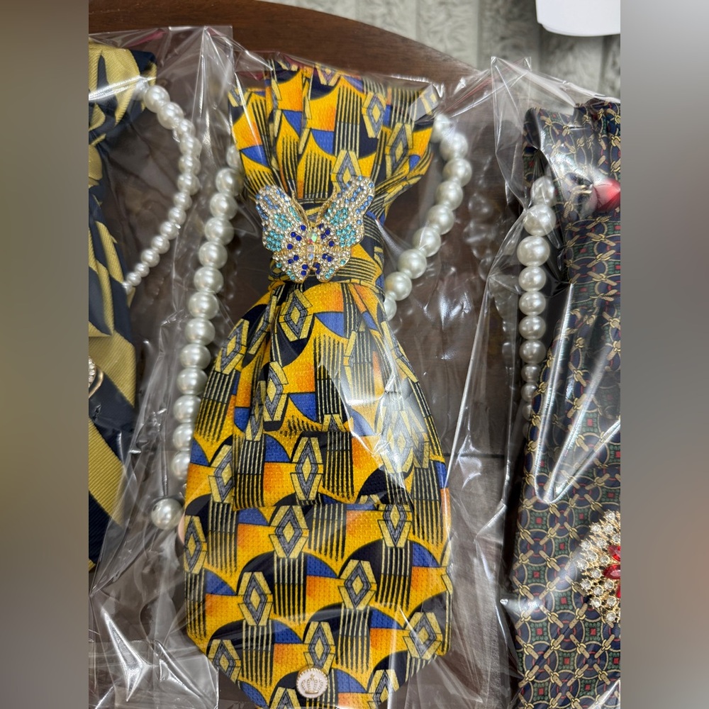 UPCYCLE Yellow and Blue Geometric Tie necklace with Butterfly Brooch